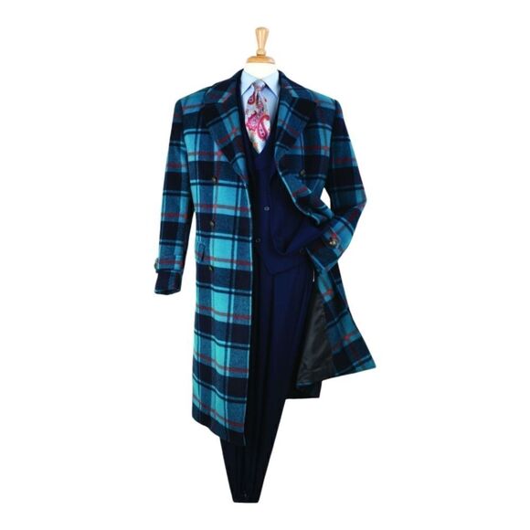 MEN'S VENO GIOVANNI 100% WOOL FULL LENGTH BLUE DOUBLE BREASTED TOP COAT CB-9. - Picture 2 of 2